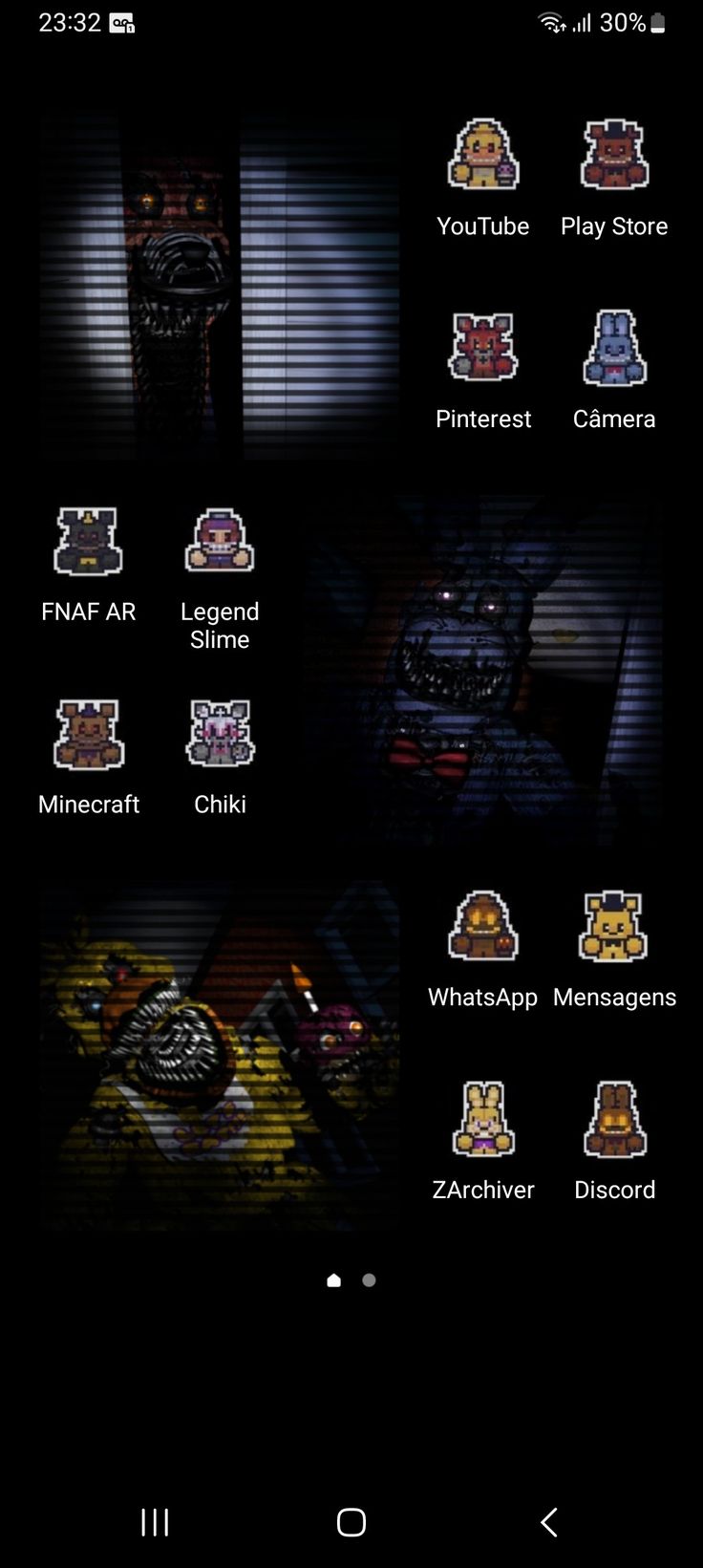 A Fnaf 4 Themed Phone With 3 widgets which have each having a
 picture of nightmare Bonnie, nightmare Chica and nightmare Foxy. All app icons have been chances to a pixel art version of FNaF 4 characters. Fnaf 4 House Layout, Fnaf Widgets Ideas, Fnaf Homescreen Layout, Fnaf Phone Layout, Subtle Fnaf Wallpapers, Fnaf Backgrounds Phone, Fnaf Widgets Pixel, Fnaf Themed Phone, Fnaf Iphone Layout