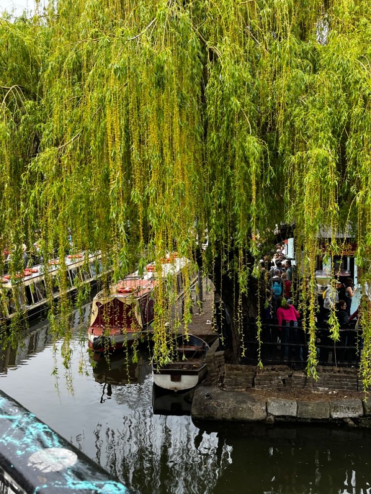 several boats are docked on the water near some trees and people in boat houses with umbrellas