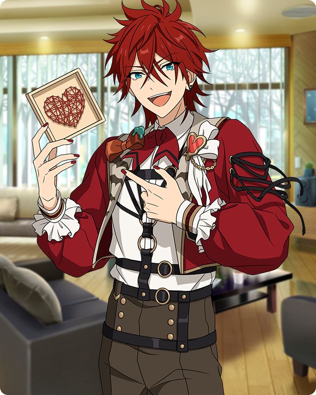 an anime character with red hair holding a card