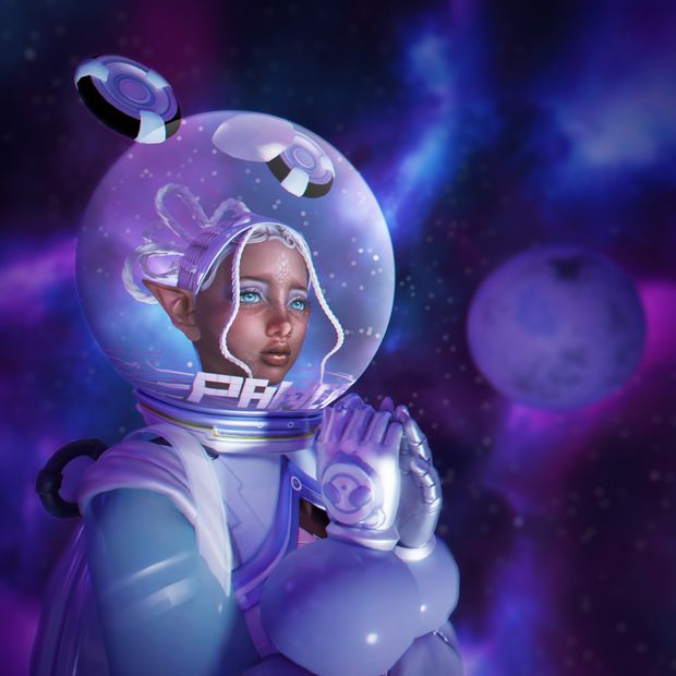 a woman in an astronaut suit holding her hand up to her face