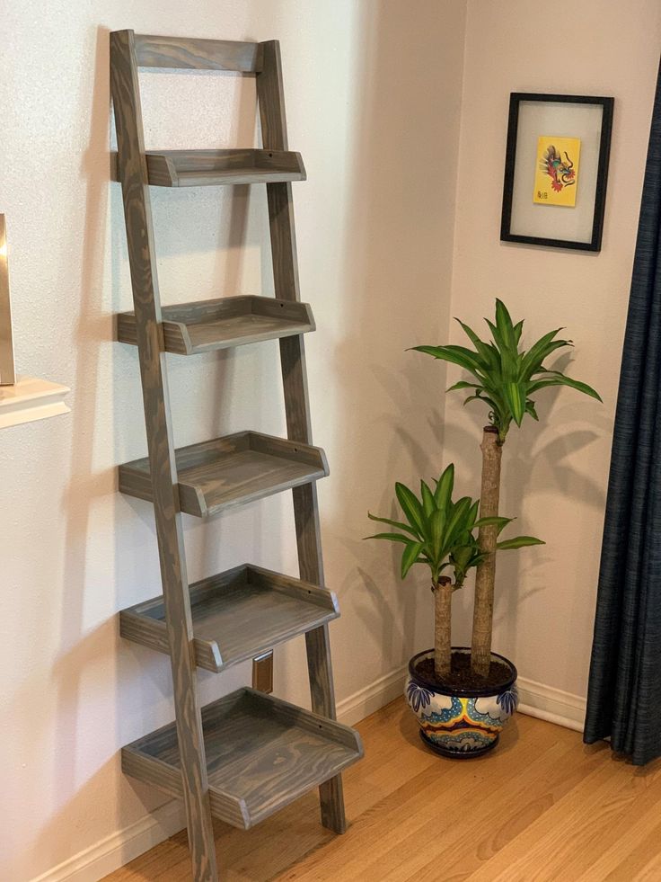 a wooden ladder next to a potted plant in a room with white walls and wood floors