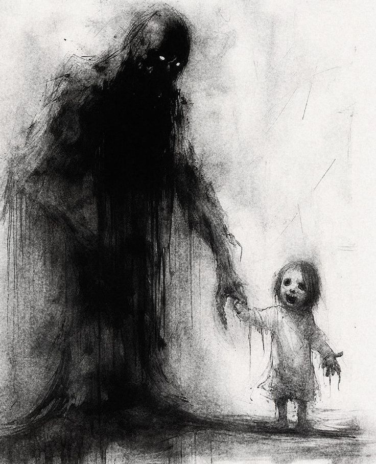 a black and white drawing of a child holding the hand of a creepy monster