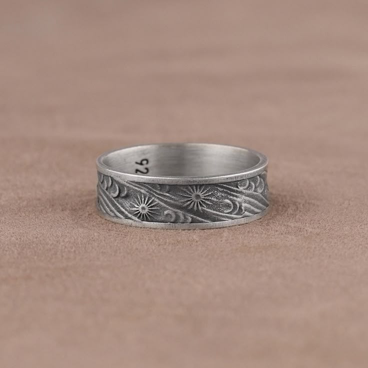 Sky Stars and Sun Band Ring, Celestial Jewelry, Men Celestial Ring   Night Sky Wedding Band, Sterling Silver Wedding Ring, Sun Star Ring  This Sky, Stars, and Sun Band Ring is a unique and nature-inspired piece of jewelry that is perfect for sky watchers, star gazers, and sun lovers.  The ring features a beautiful design of the sky, stars, and sun, symbolizing the beauty and wonder of the celestial world. It is made of high-quality sterling silver and is handcrafted with precision and care. ✅ Th Night Sky Wedding, Sky Wedding, Mens Band Rings, Silver Wedding Ring, Celestial Ring, Sky Stars, Sterling Silver Wedding Rings, Jewelry Men, Celestial Jewelry