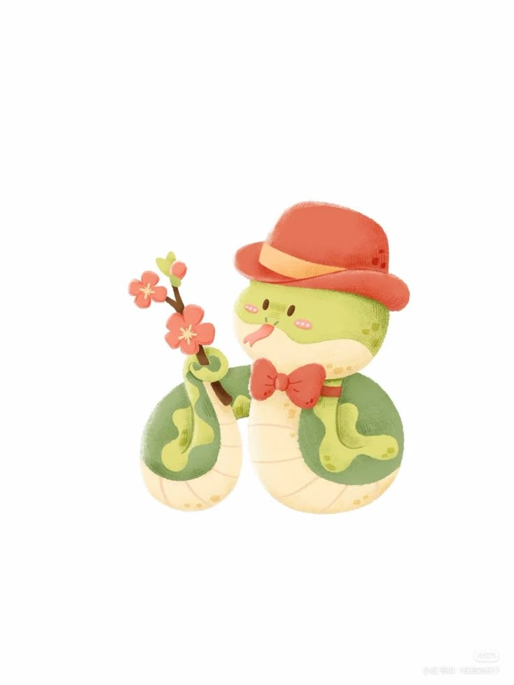 a green and white stuffed animal with a red hat holding a flower in it's hand