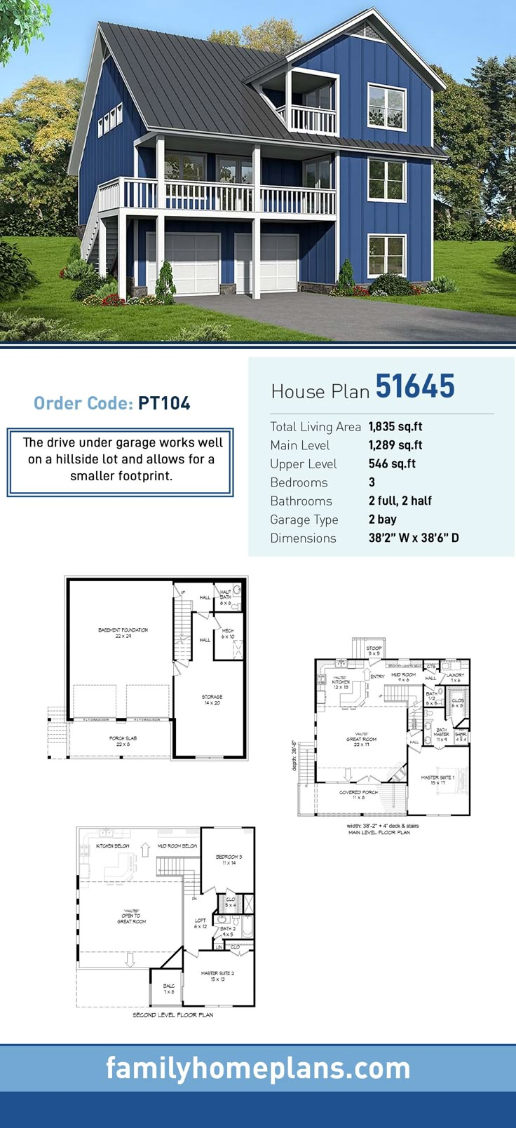 the floor plan for this modern house is shown in blue and white, with two levels to