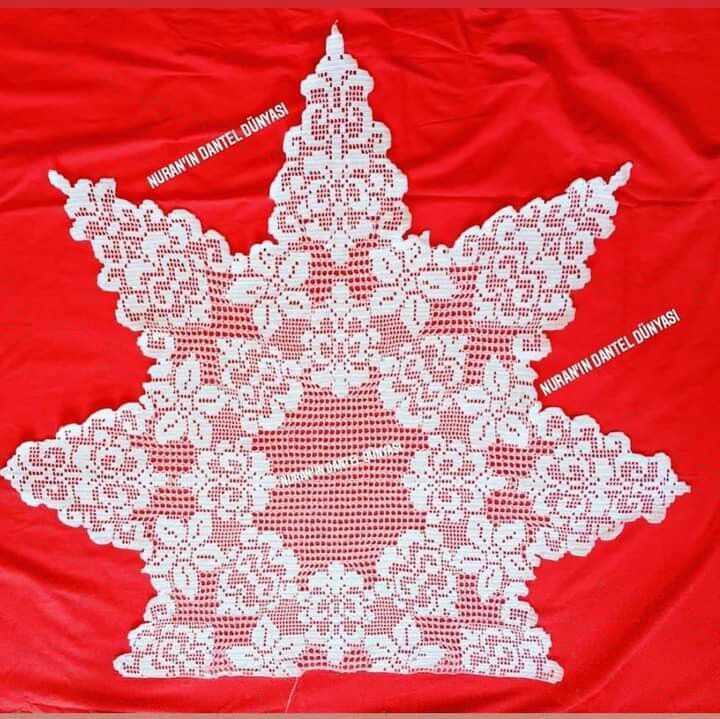 white lace on a red cloth with an intricate design in the center, close up