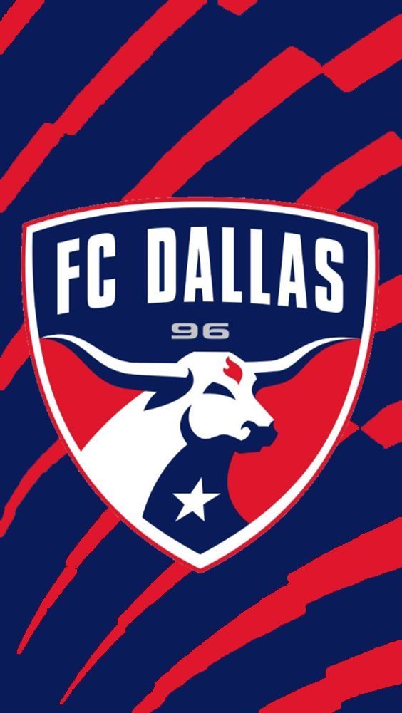 the logo for the soccer team is shown on a blue and red striped background with an image of a bull