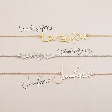 This handwriting necklace makes a unique and memorable to gift to give or gift yourself. The necklace is made by taking the actual handwritting of someone special and making it into a lasting memory. We can create a necklace out of a person's signature, short message like "i love you" or even how they write your name. Every penmenship is unique, so having their writing style close to you can always may remind you of the fond memories you share. This necklace makes a great gift for someone who ju Personalized White Charm Necklaces For Valentine's Day, Personalized White Charm Necklace For Valentine's Day, Valentine's Day Personalized White Charm Necklace, Customized White Name Necklace For Valentine's Day, White Nameplate Necklace For Valentine's Day, White Jewelry With Names For Valentine's Day, White Name Necklaces For Valentine's Day, White Name Necklace For Valentine's Day Gift, Name Jewelry For Best Friend Gift On Valentine's Day