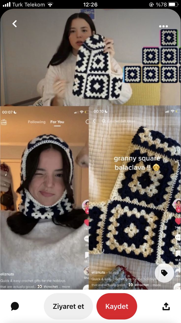 a woman holding up a crocheted granny hat and scarf