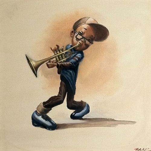 a drawing of a man playing a trumpet