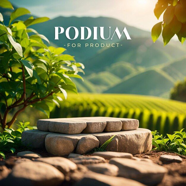 a stone bench sitting on top of a lush green field