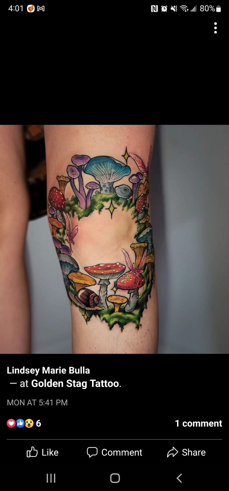 a woman's leg with tattoos on it and an image of mushrooms in the background