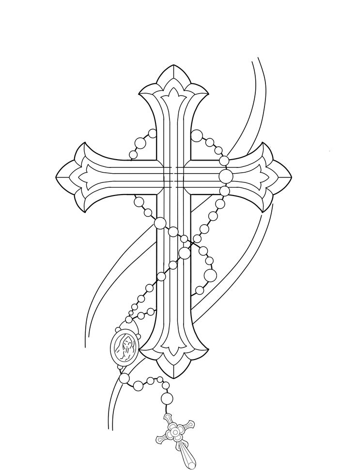 a cross with flowers on it is drawn in black and white, as well as the outline