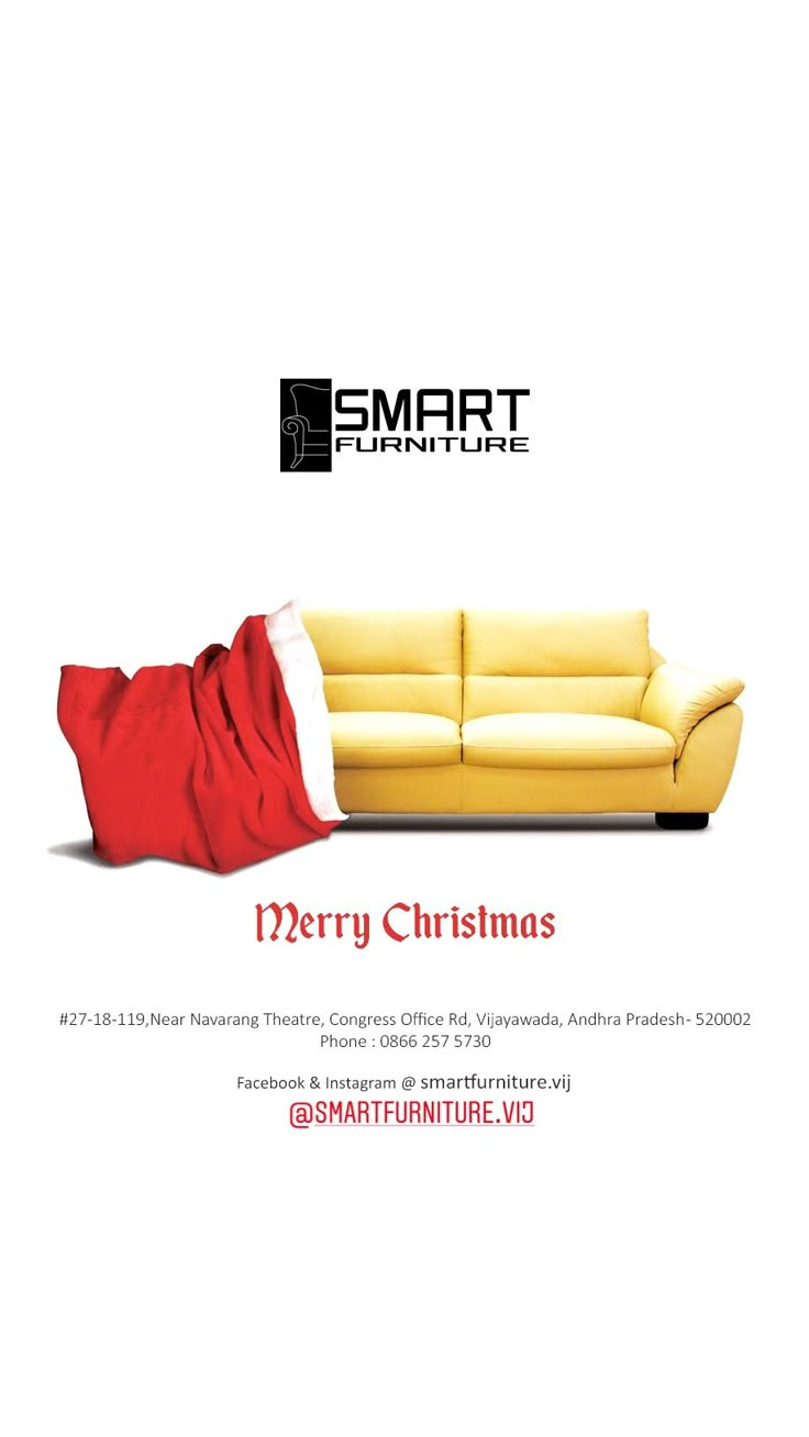 a white poster with a yellow couch and red blanket