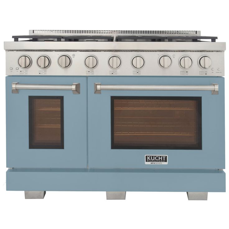 a blue and white stove top oven with two burners on it's sides