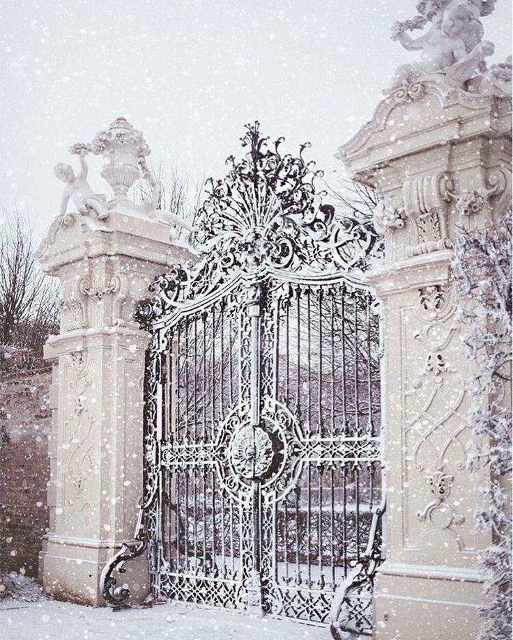 an ornate iron gate with snow falling on it