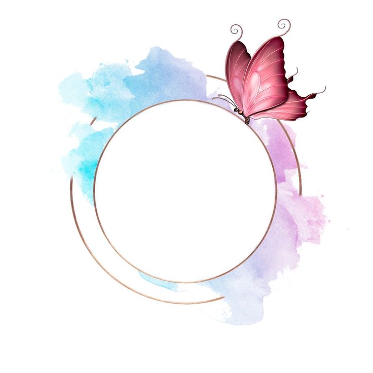 a pink butterfly sitting on top of a circular frame with watercolor paint splats