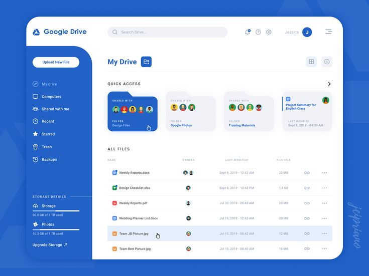 a screenshot of the google drive dashboard, with icons and options displayed on it