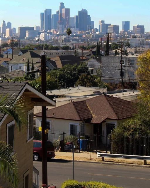 a view of the city skyline from an apartment complex in los angeles, with houses and palm trees