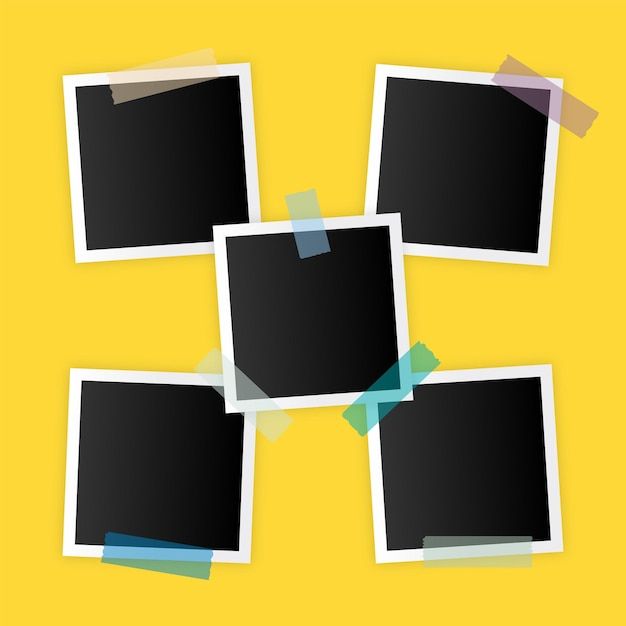 four polaroid frames are arranged on a yellow background