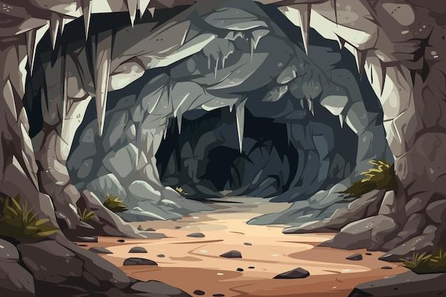 an illustration of a cave entrance with rocks and dirt on the ground in front of it