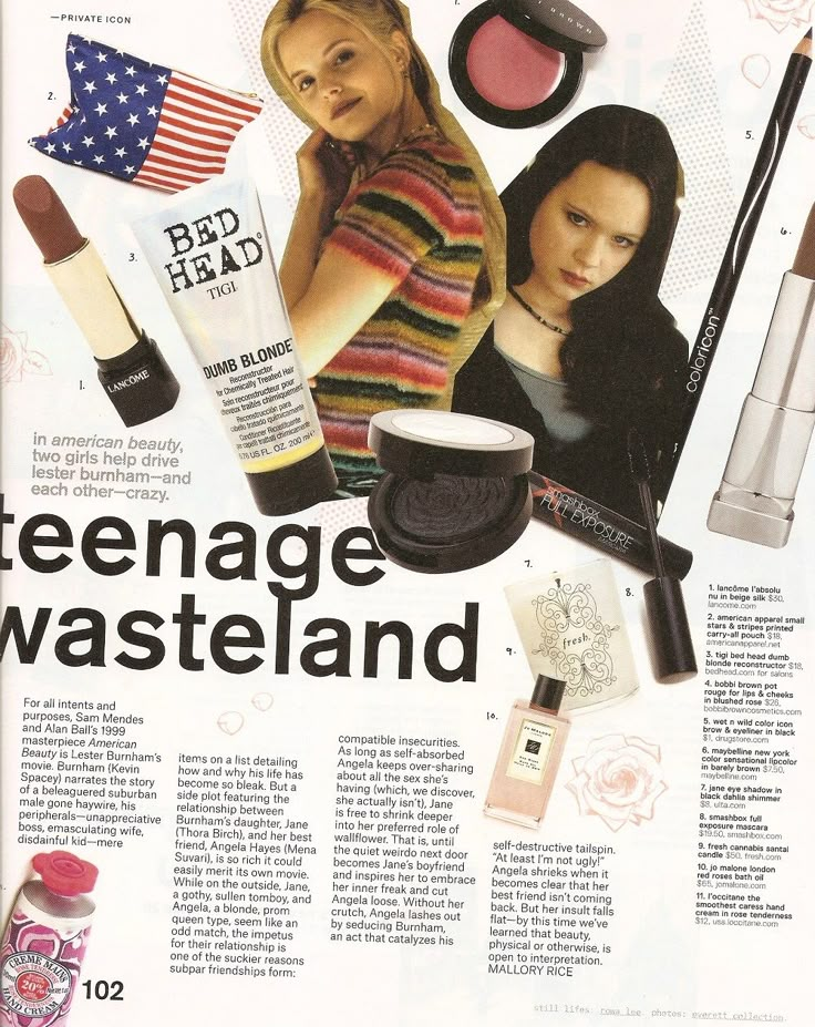 an article in the magazine has pictures of women with makeup and cosmetics products on it