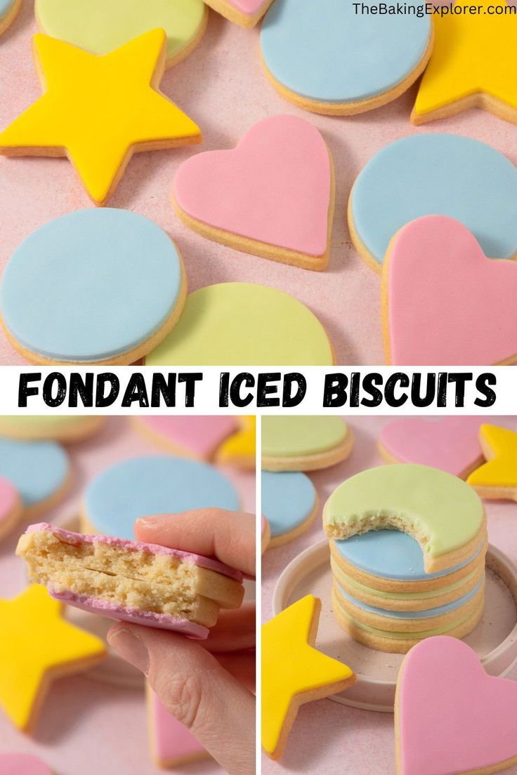 the collage shows how to make fondant iced biscuits with pastel colors