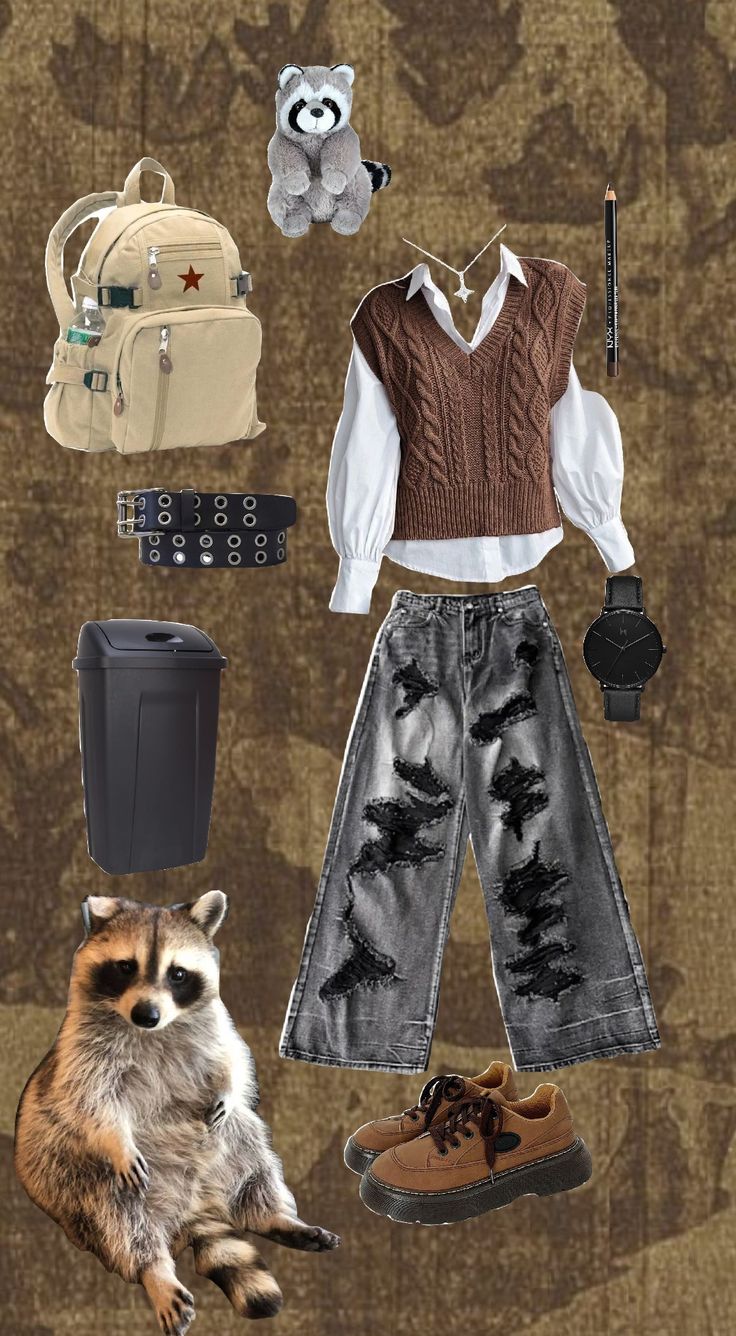 a collage of clothing and accessories including a raccoon