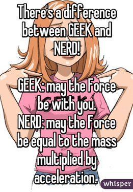 a girl with her hands on her hips and the words, there's a difficult reference between geek and nerd