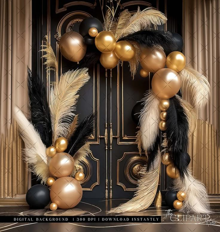 a black and gold balloon arch with some white feathers on the front entrance to a building