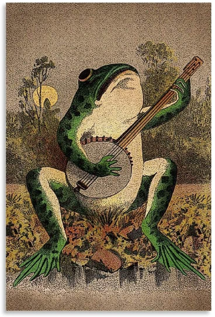 a frog playing a guitar in the grass