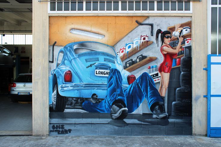 a mural on the side of a garage door depicting a man and woman in blue overalls