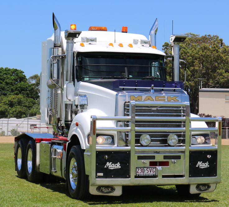 a large semi truck parked on top of a lush green field