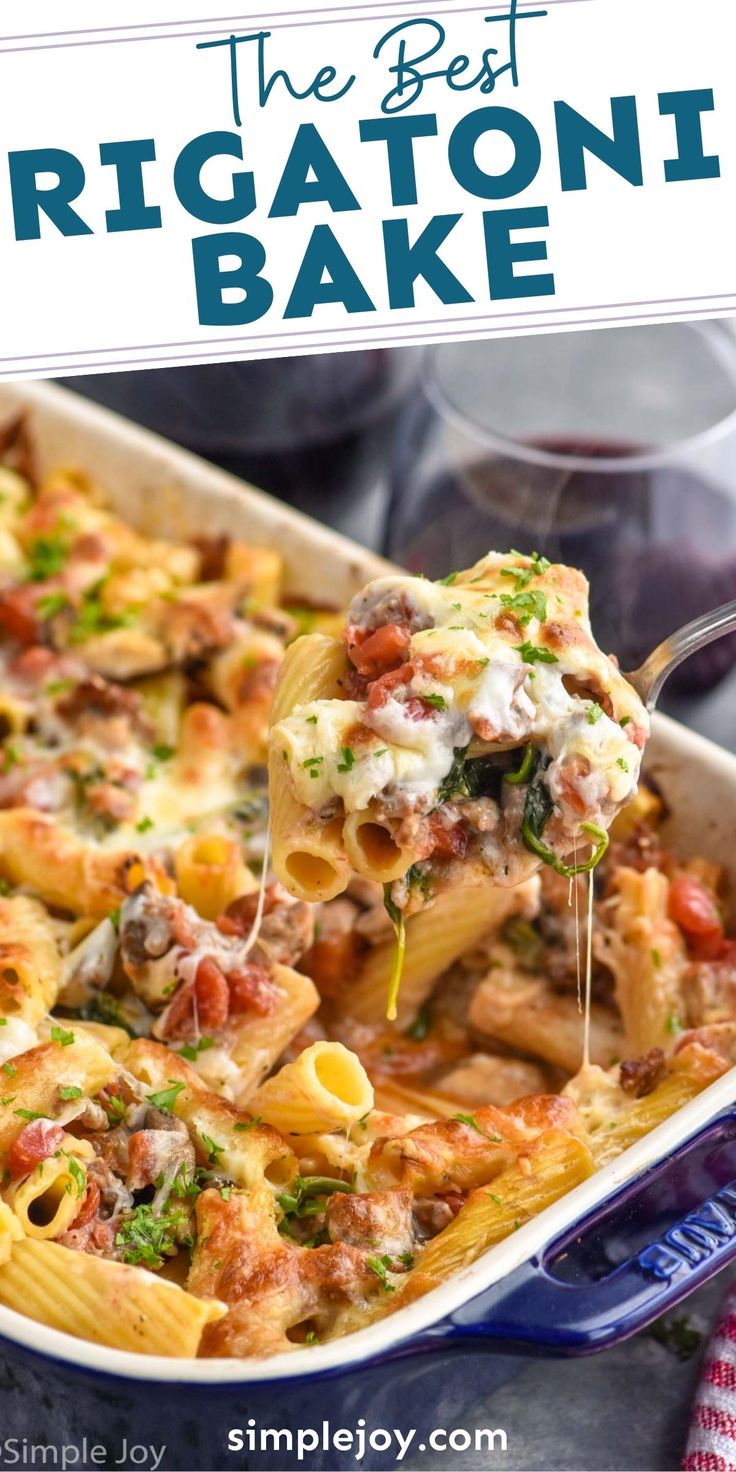 the best rigatoni bake is in a blue casserole dish with a spoon