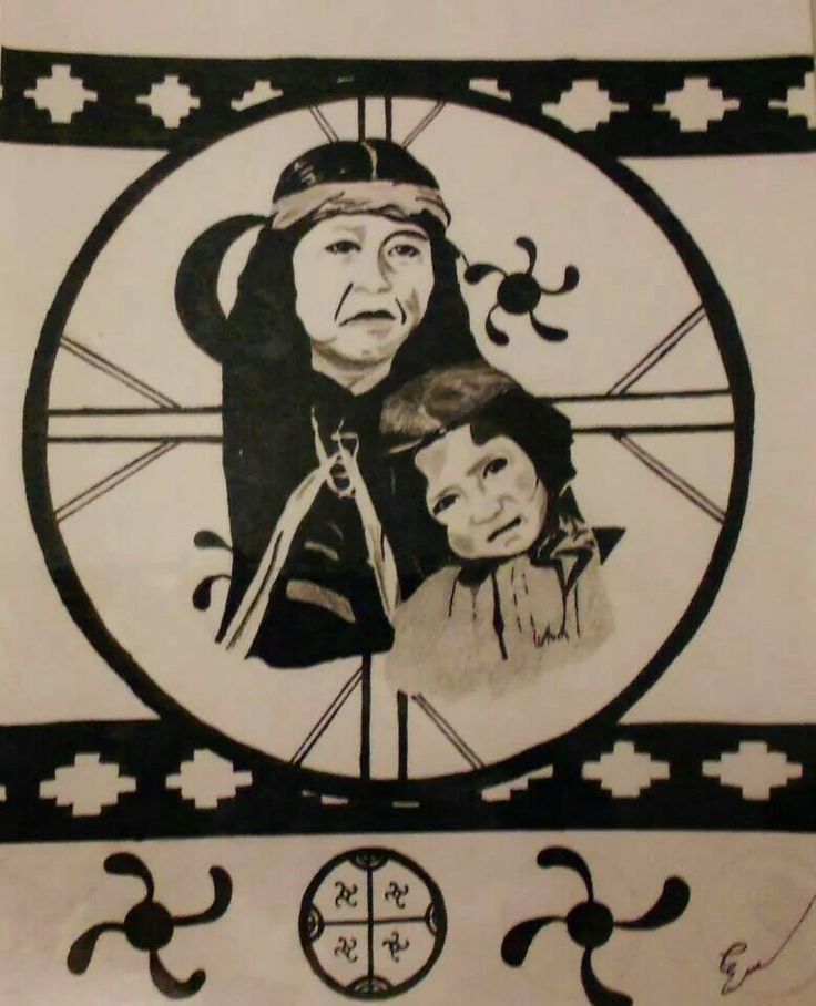 a drawing of two people in front of a wheel with arrows and stars on it