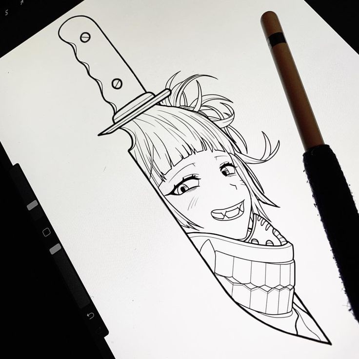 a drawing of a girl with a knife in her hand on top of a piece of paper