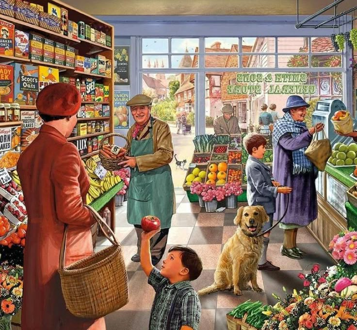 a painting of people shopping in a grocery store with a dog looking at the food