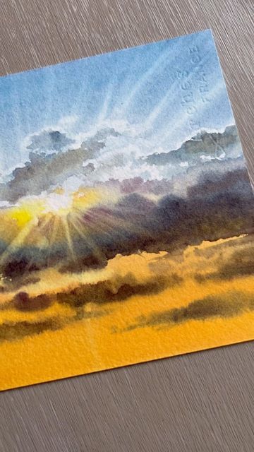 a painting of the sun shining through clouds