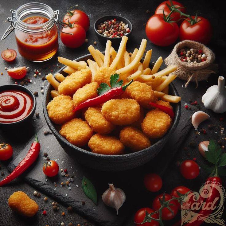 a bowl filled with fried food next to tomatoes and other ingredients on a table top