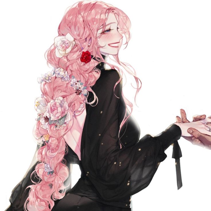 a drawing of a woman with pink hair and flowers in her hair, holding a knife