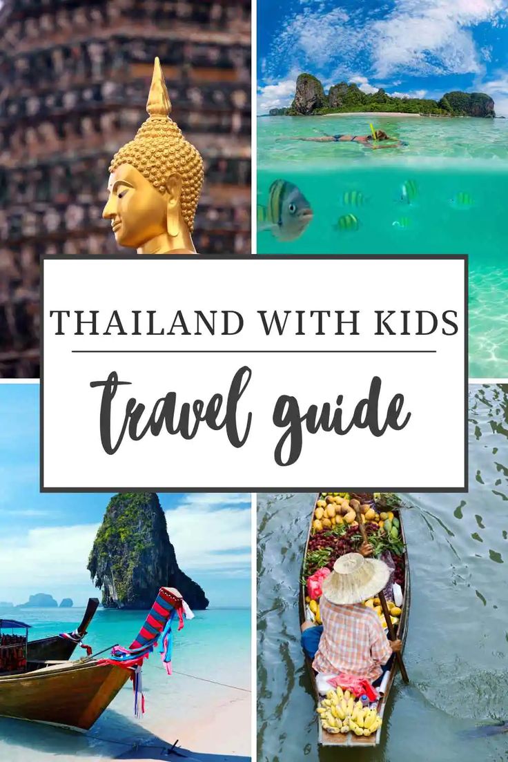 the thailand with kids travel guide is featured in this collage, including boats and people on