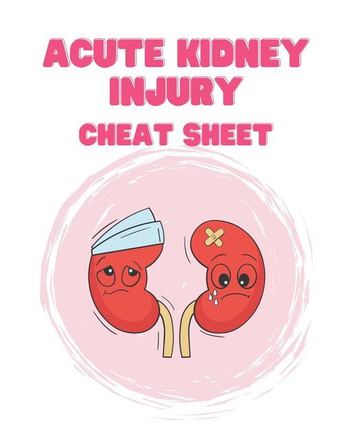 an image of two kidneys with the words, acute kidney injury cheat sheet