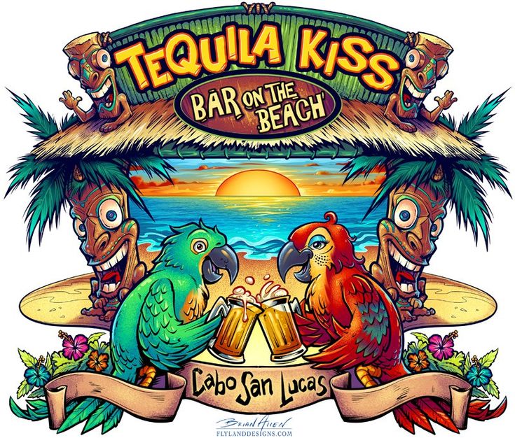 the logo for tequila kiss's bar on the beach with two parrots drinking beer