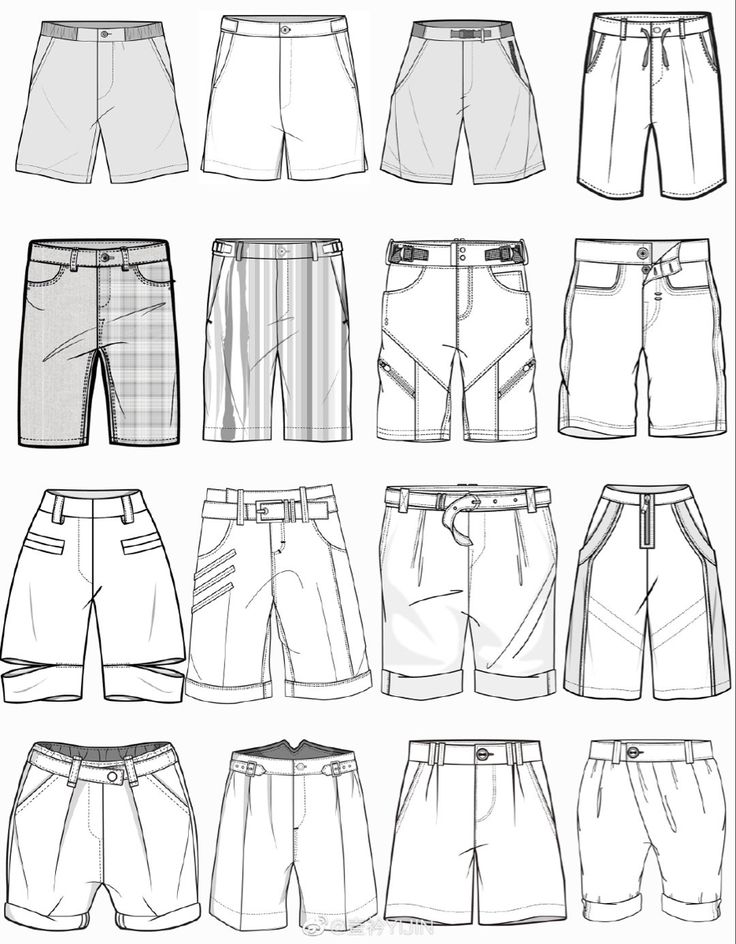 men's shorts with different styles and sizes, all drawn in black and white