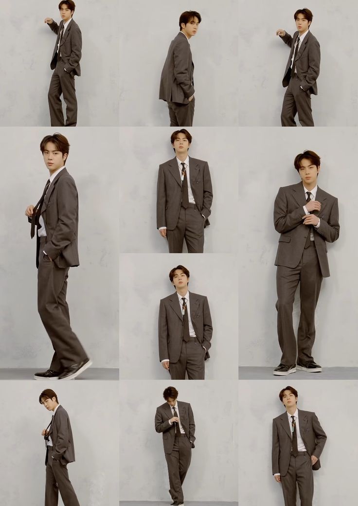 multiple shots of a man in a suit and tie posing for pictures with his hands on his hips