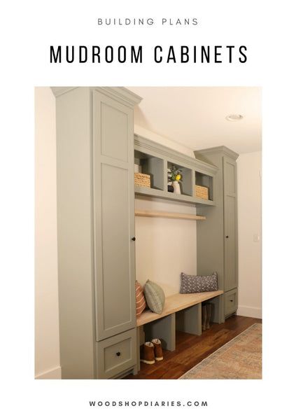 the mudroom cabinets are painted gray and have built - in shelving units for storage