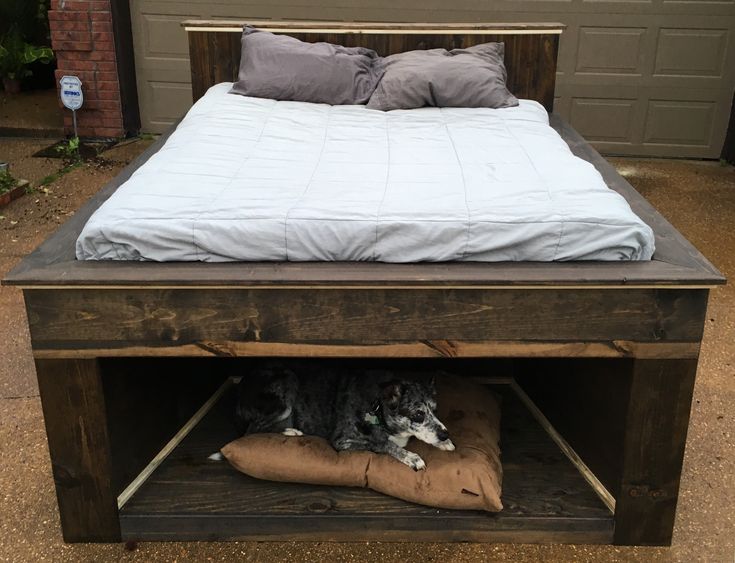 a dog laying on top of a bed in a wooden frame with pillows and blankets