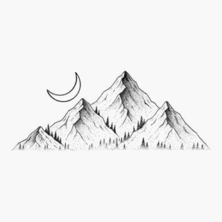 a drawing of mountains with trees on the top and a crescent in the sky above