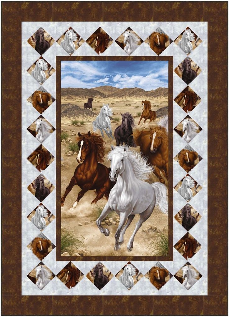 a painting of horses running in the desert with diamond border around it's edges