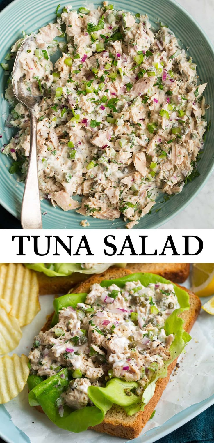 tuna salad with lettuce and pickles on toasted bread